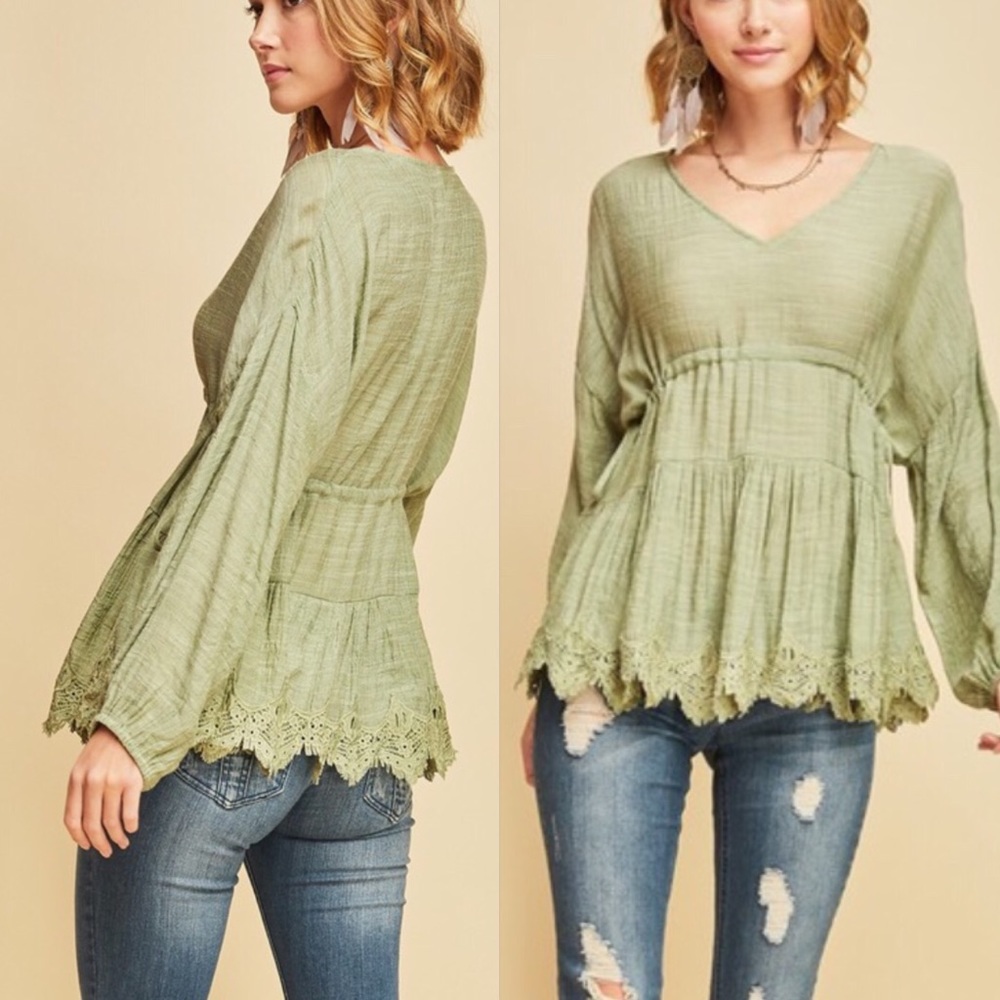 Sage green peasant top, scalloped crochet trim hem - Picture 2 of 3